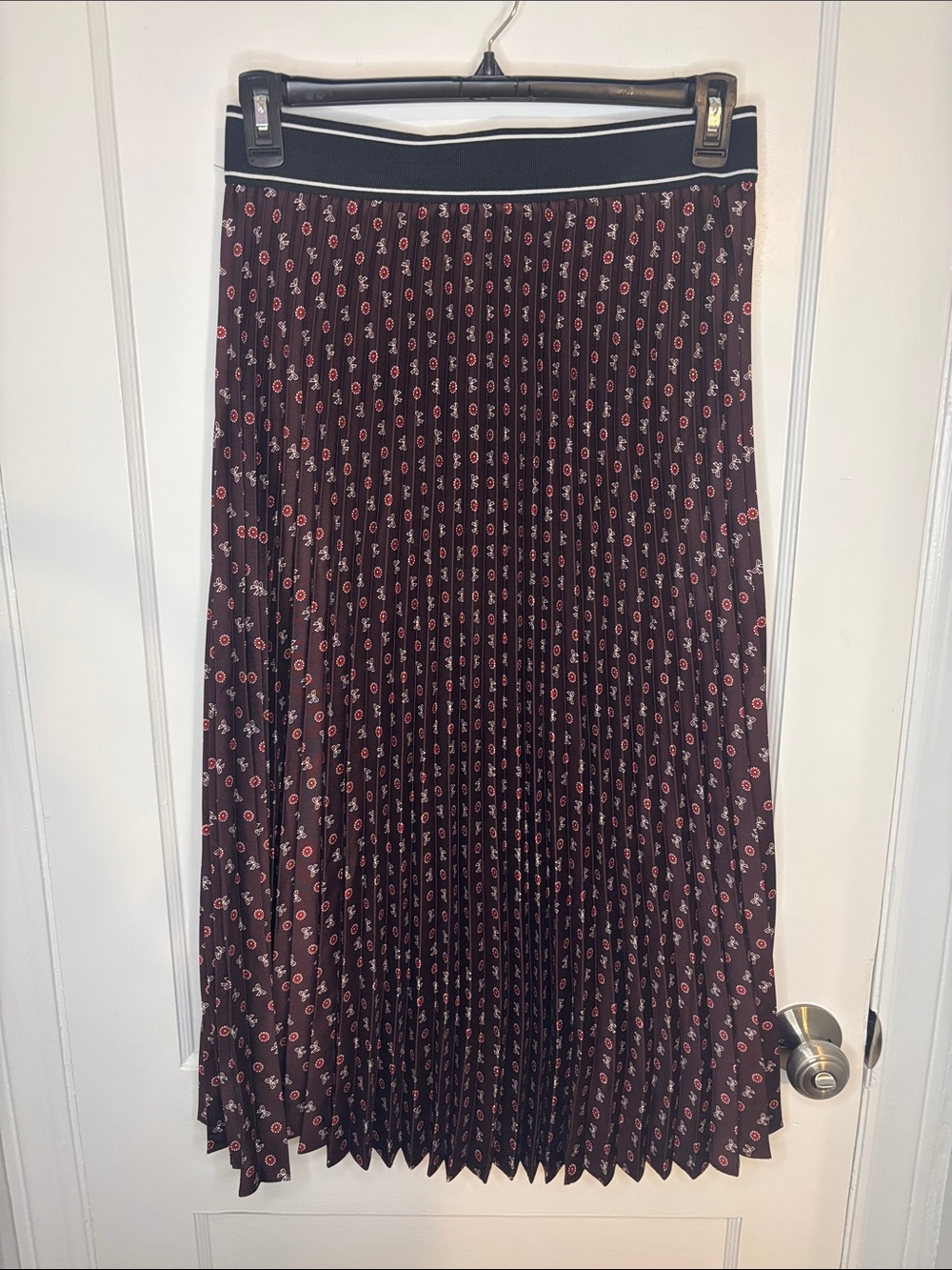LOFT Black Pleated Midi Skirt with Pink Dot Floral Print